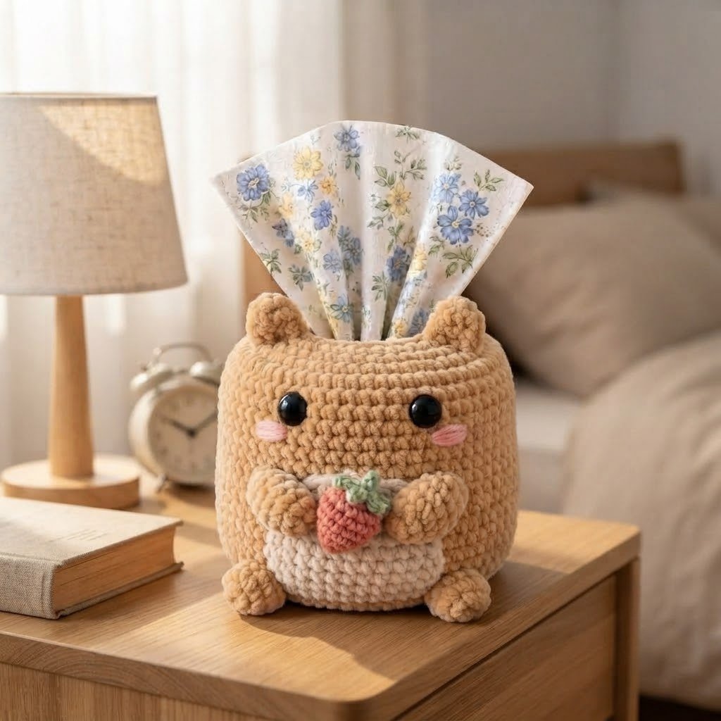 Handmade Crochet Hamster Tissue Box Cover Holding Strawberry