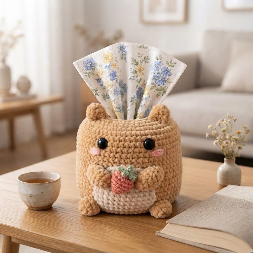 Handmade Crochet Hamster Tissue Box Cover Holding Strawberry