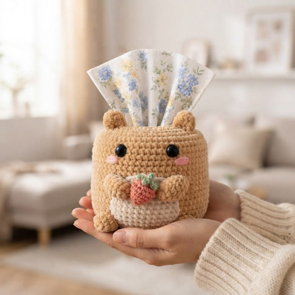 Handmade Crochet Hamster Tissue Box Cover Holding Strawberry