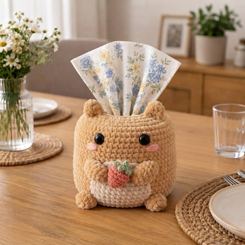 Handmade Crochet Hamster Tissue Box Cover Holding Strawberry