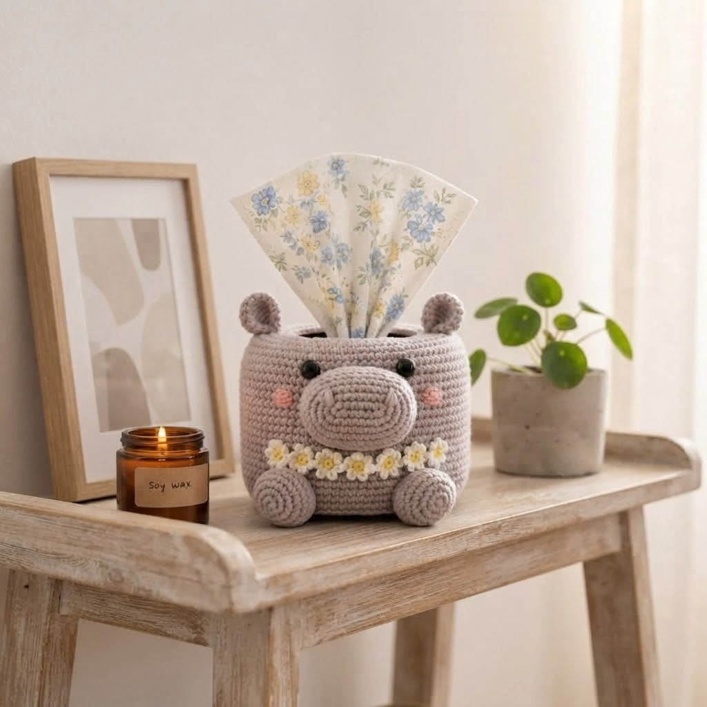 Handmade Crochet Hippo Tissue Box Cover with Daisy Garland