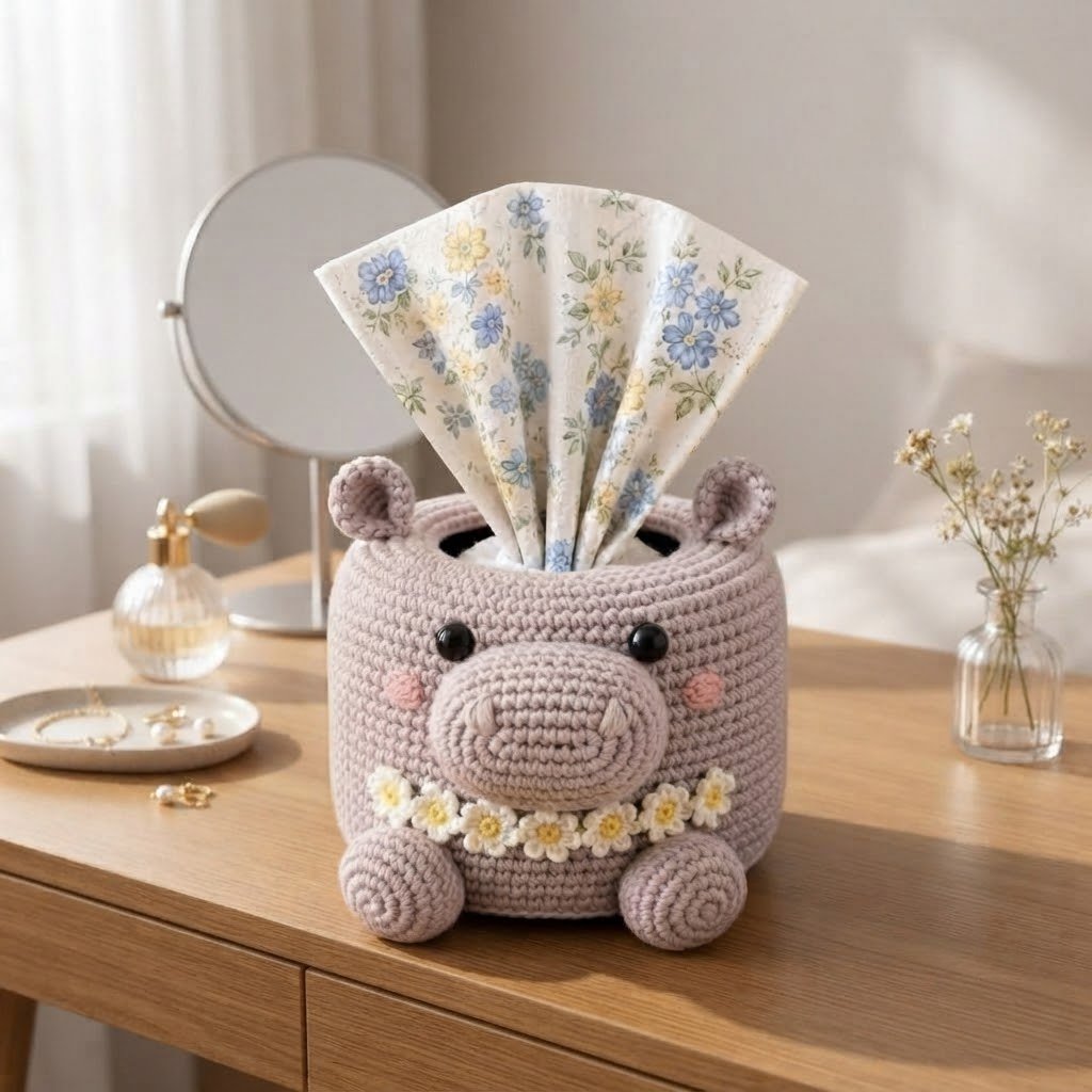 Handmade Crochet Hippo Tissue Box Cover with Daisy Garland