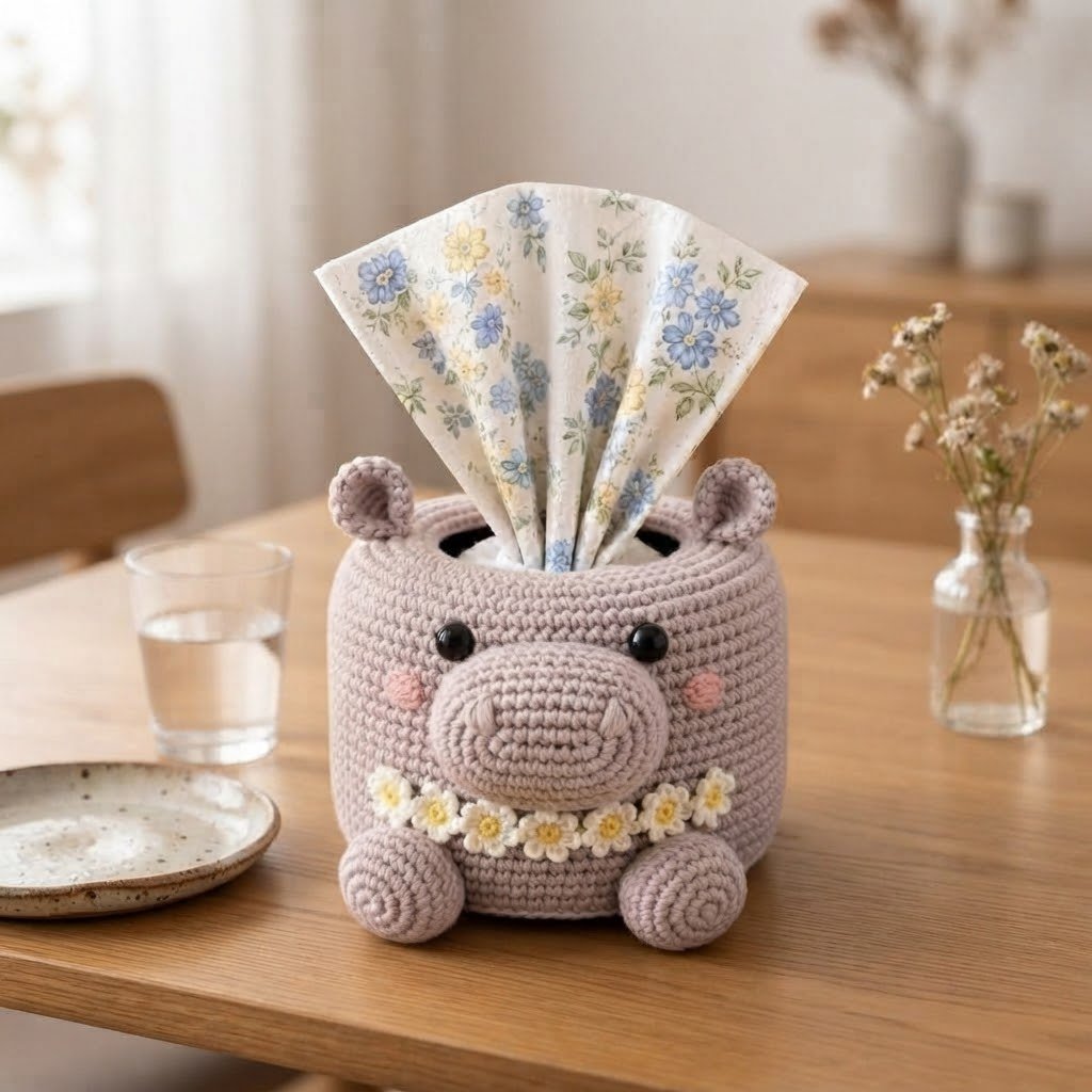 Handmade Crochet Hippo Tissue Box Cover with Daisy Garland