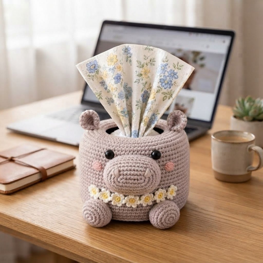Handmade Crochet Hippo Tissue Box Cover with Daisy Garland