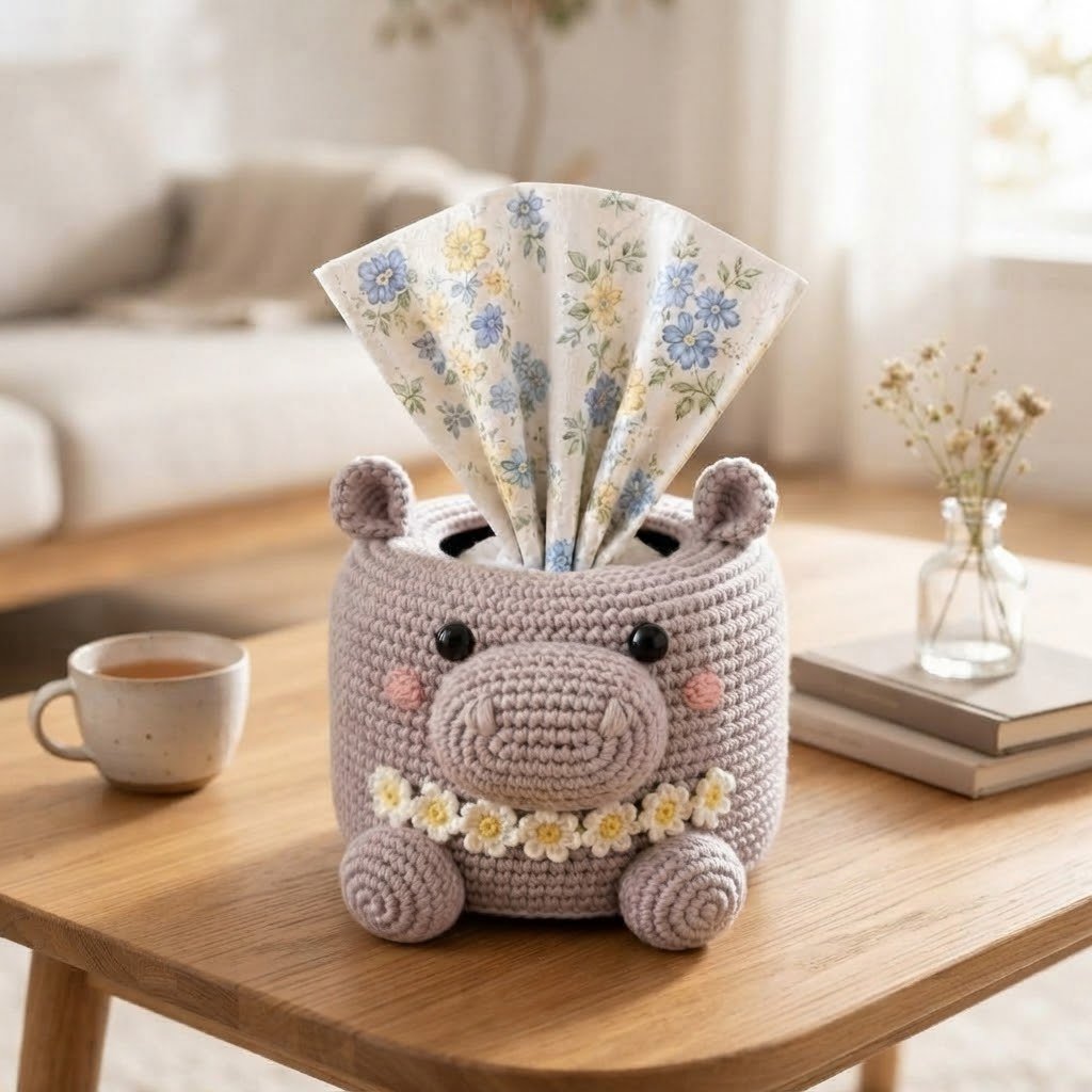 Handmade Crochet Hippo Tissue Box Cover with Daisy Garland