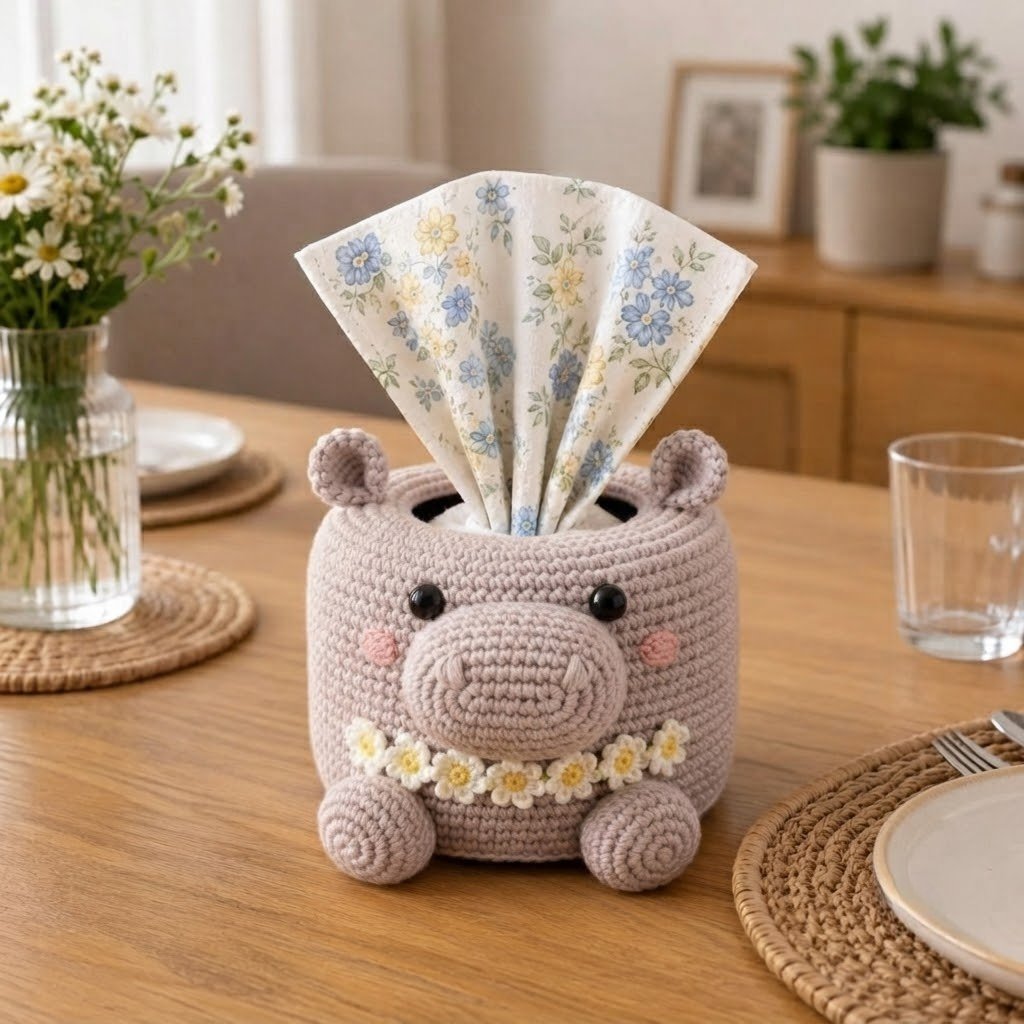 Handmade Crochet Hippo Tissue Box Cover with Daisy Garland