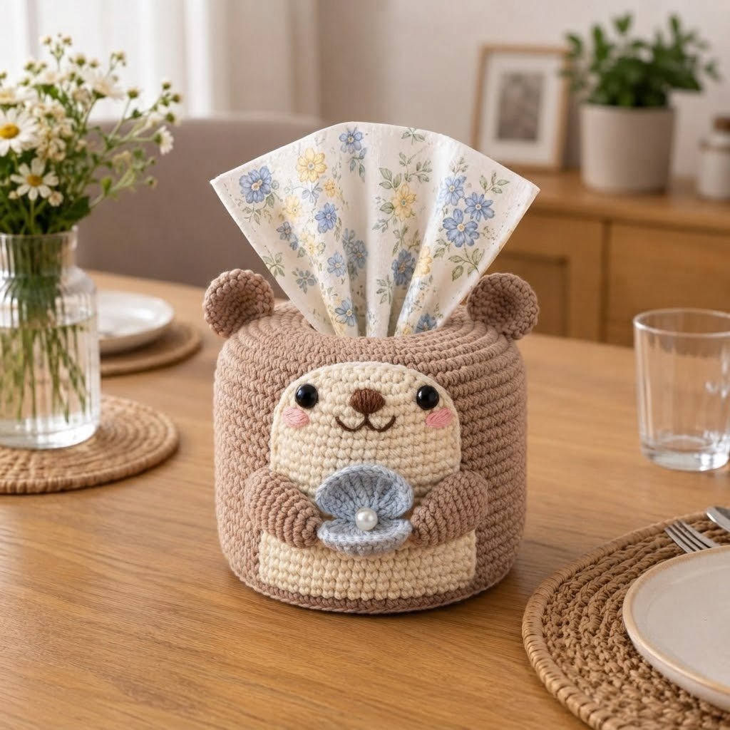 Handmade Crochet Otter Tissue Box Cover Holding Seashell