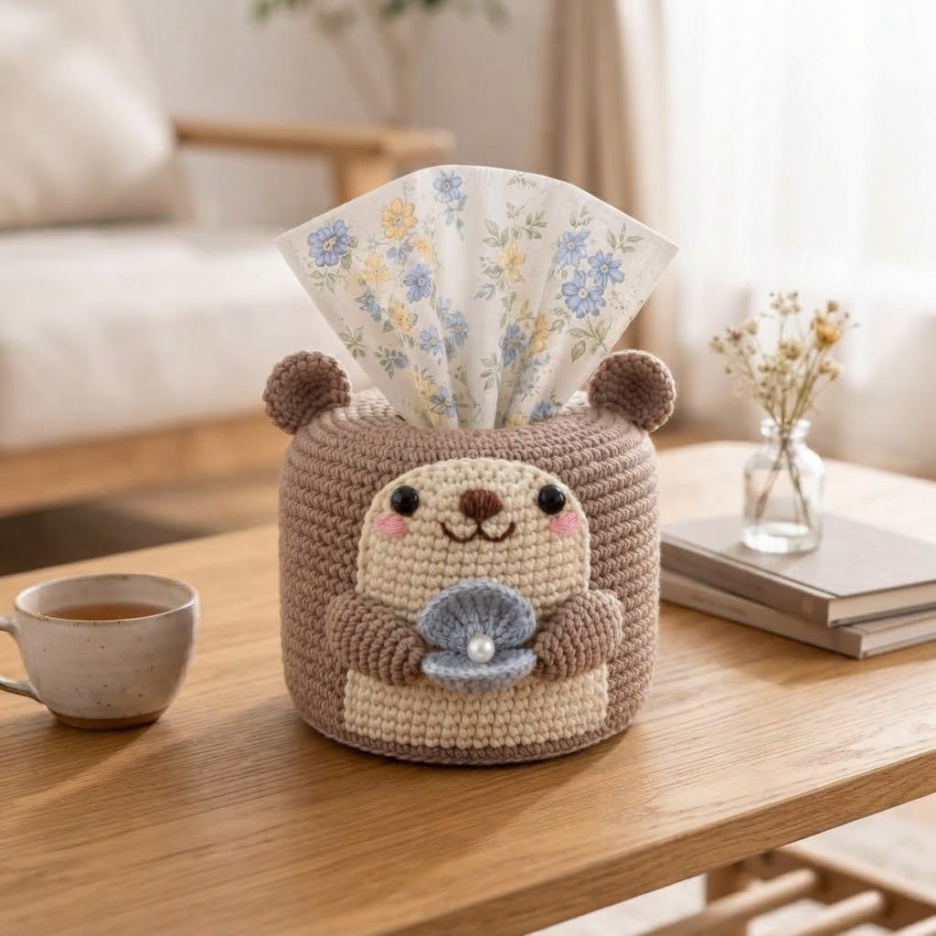 Handmade Crochet Otter Tissue Box Cover Holding Seashell