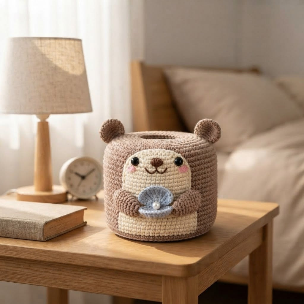 Handmade Crochet Otter Tissue Box Cover Holding Seashell