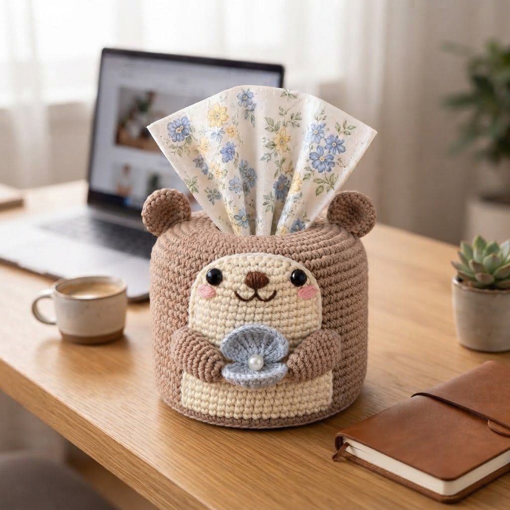 Handmade Crochet Otter Tissue Box Cover Holding Seashell