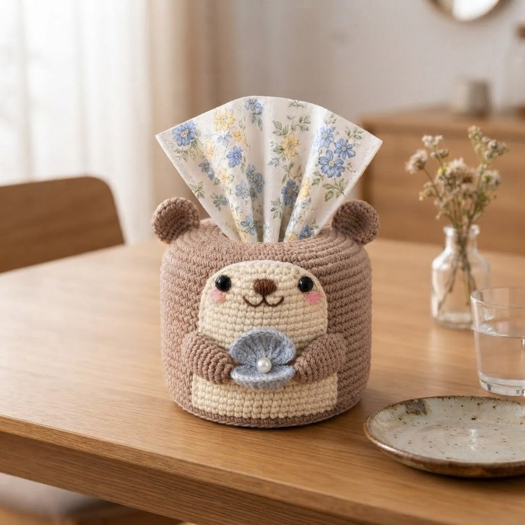 Handmade Crochet Otter Tissue Box Cover Holding Seashell