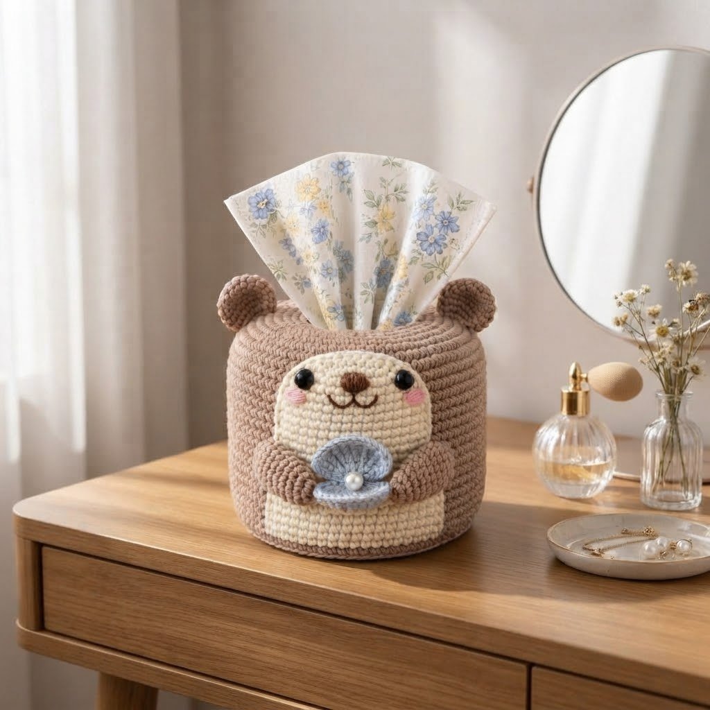 Handmade Crochet Otter Tissue Box Cover Holding Seashell