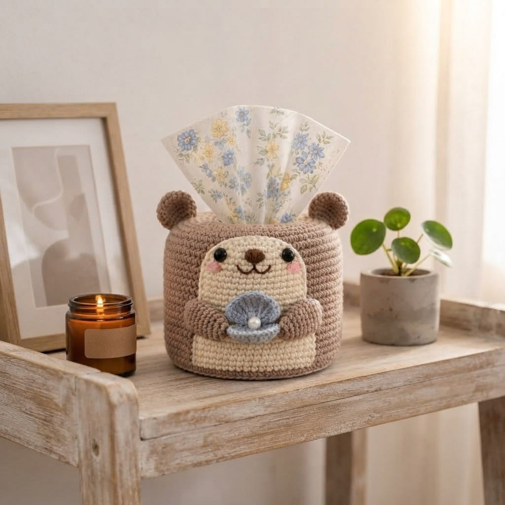 Handmade Crochet Otter Tissue Box Cover Holding Seashell