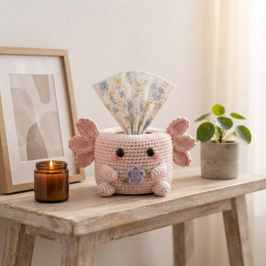 Handmade Crochet Pink Axolotl Tissue Box Cover with Flower