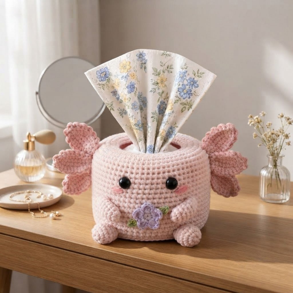 Handmade Crochet Pink Axolotl Tissue Box Cover with Flower