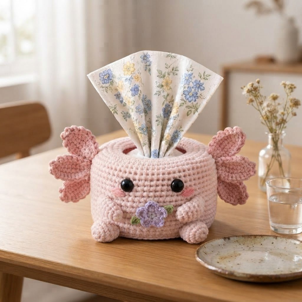 Handmade Crochet Pink Axolotl Tissue Box Cover with Flower