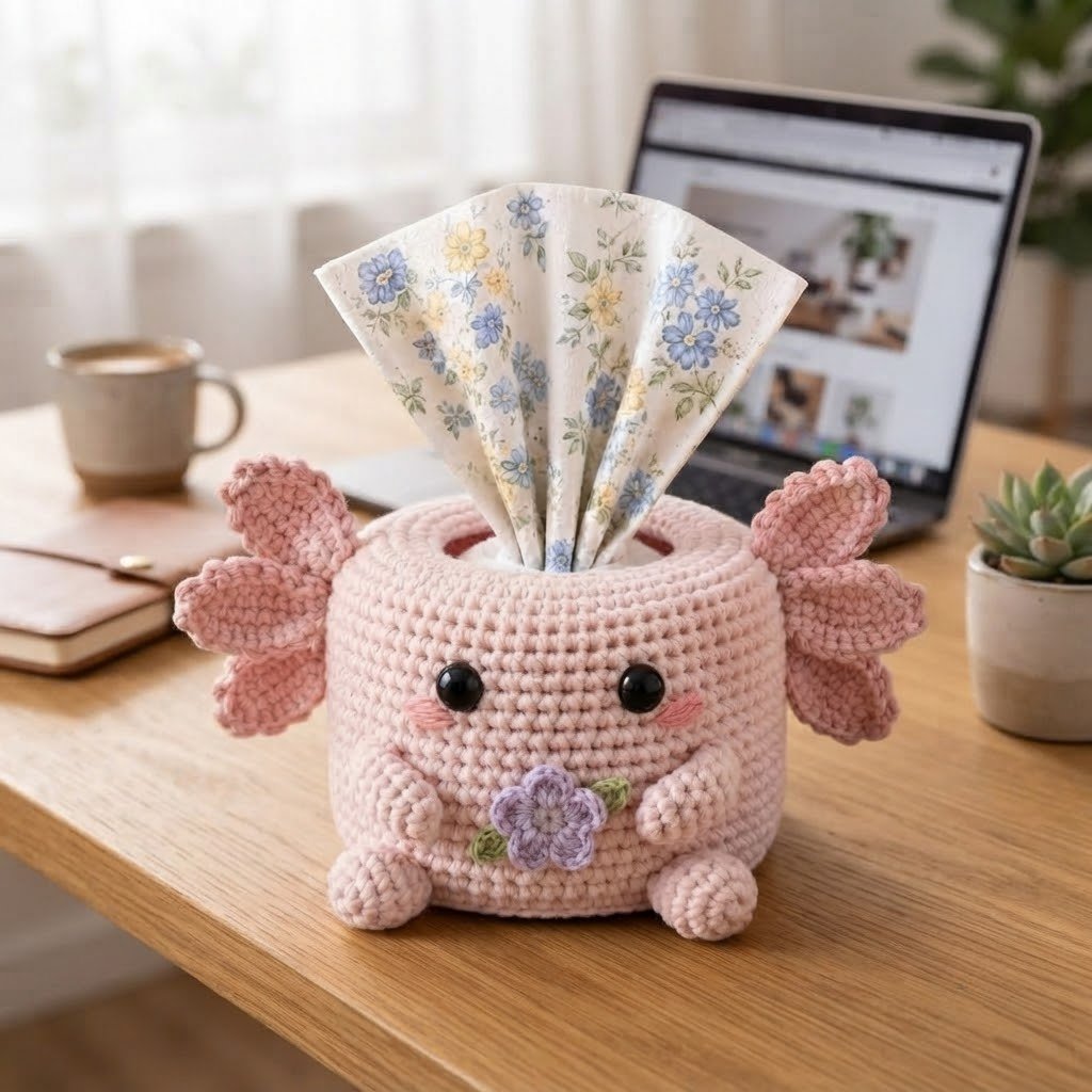 Handmade Crochet Pink Axolotl Tissue Box Cover with Flower