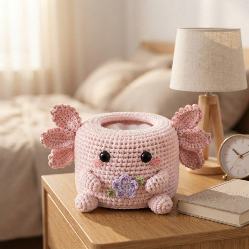 Handmade Crochet Pink Axolotl Tissue Box Cover with Flower
