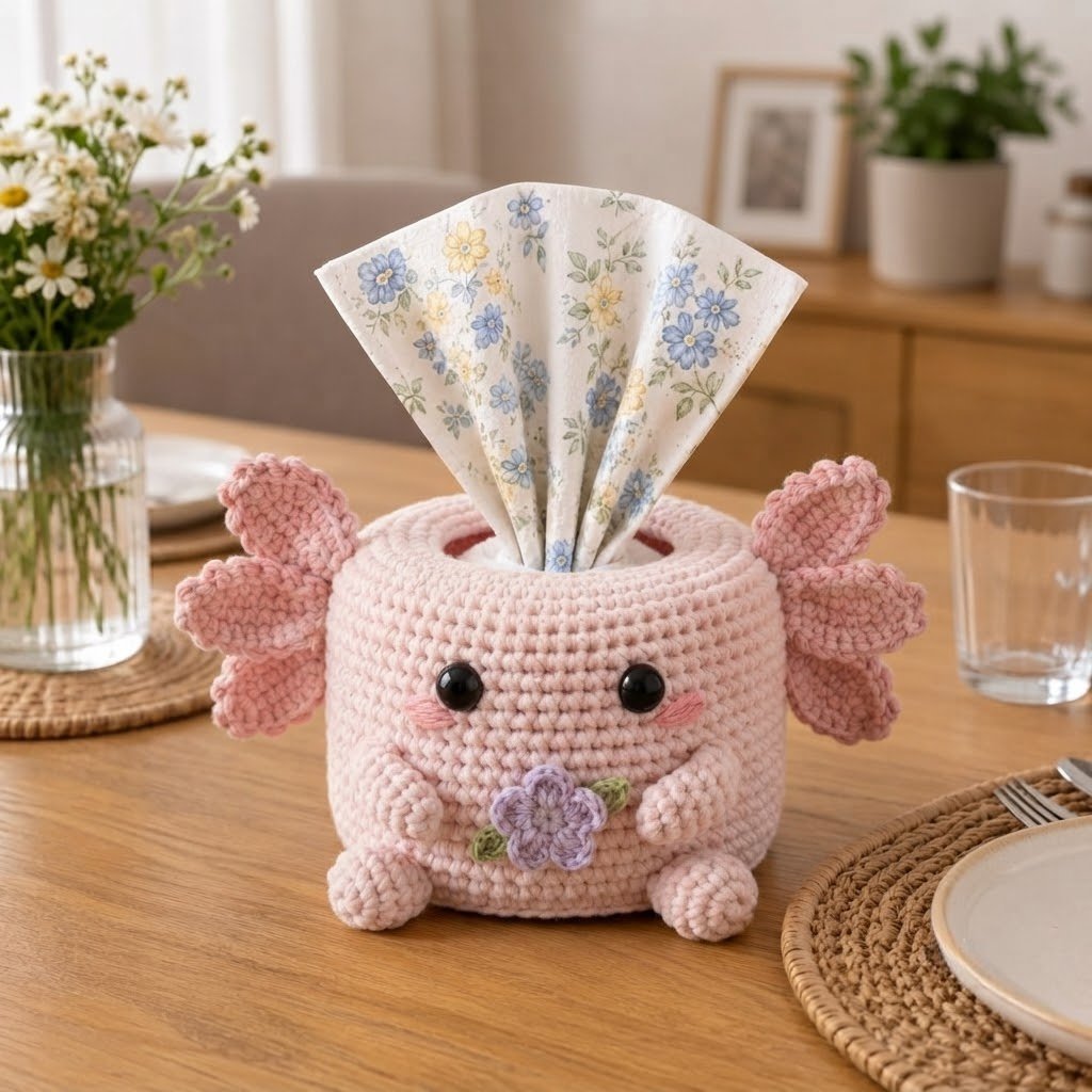 Handmade Crochet Pink Axolotl Tissue Box Cover with Flower