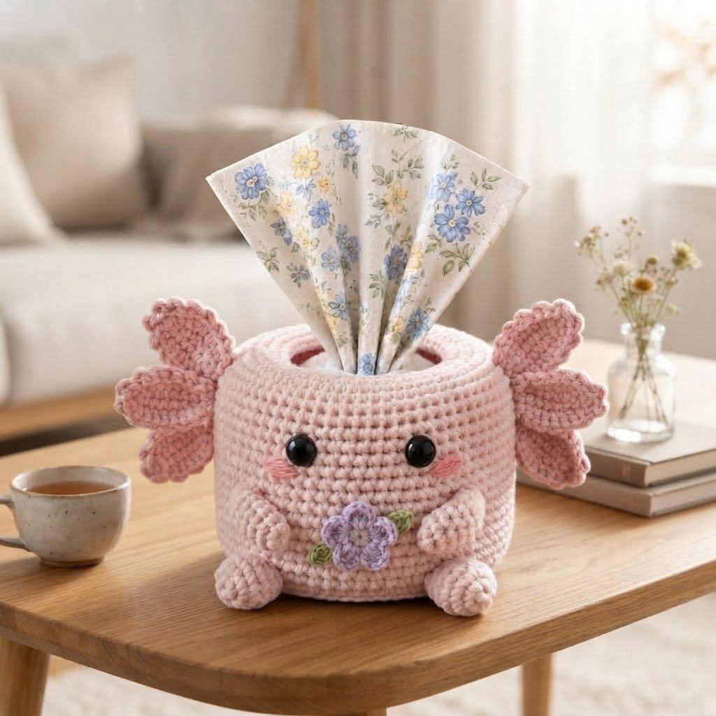 Handmade Crochet Pink Axolotl Tissue Box Cover with Flower