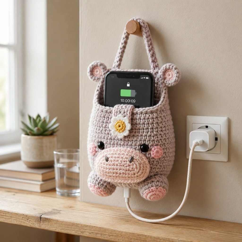 Handmade Crochet Hippo Hanging Phone Holder