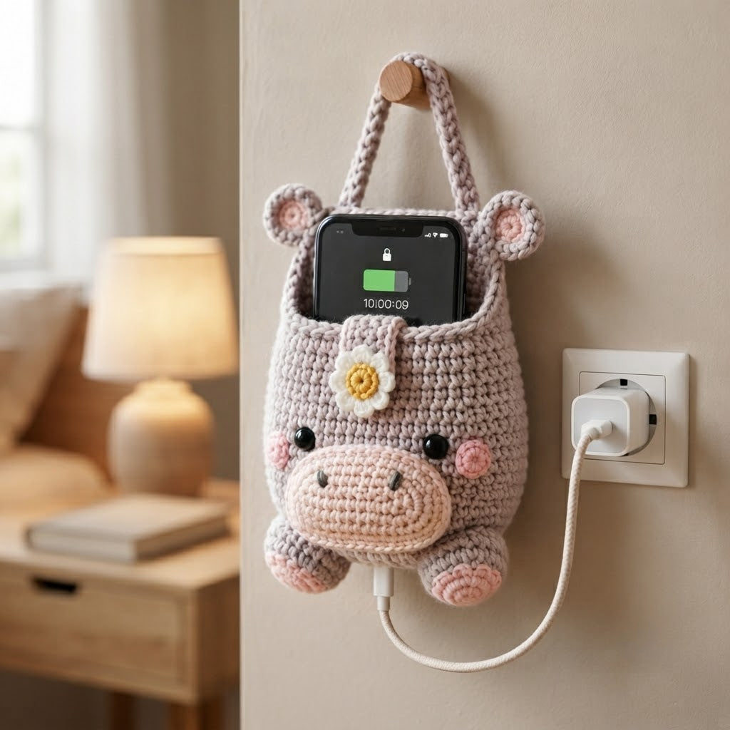 Handmade Crochet Hippo Hanging Phone Holder