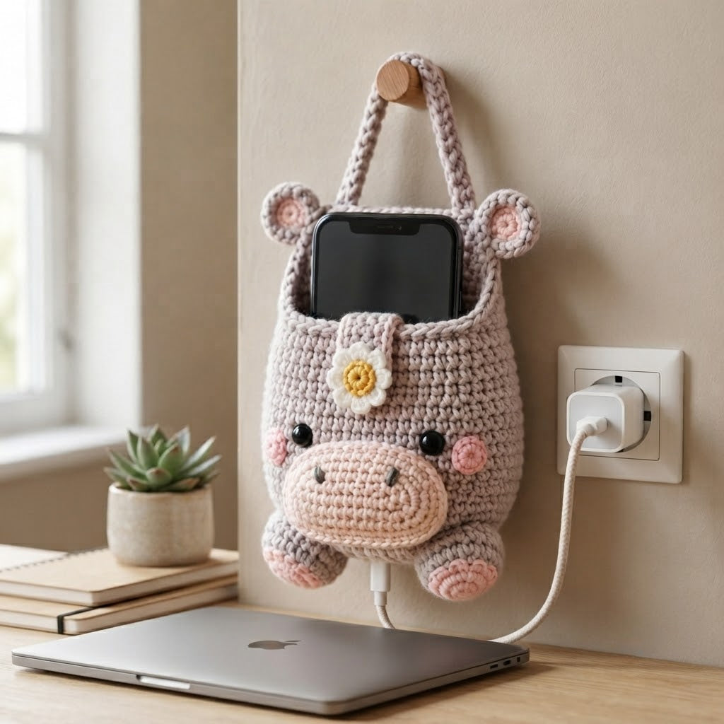 Handmade Crochet Hippo Hanging Phone Holder