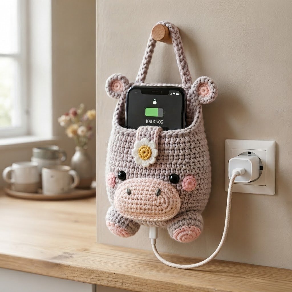 Handmade Crochet Hippo Hanging Phone Holder