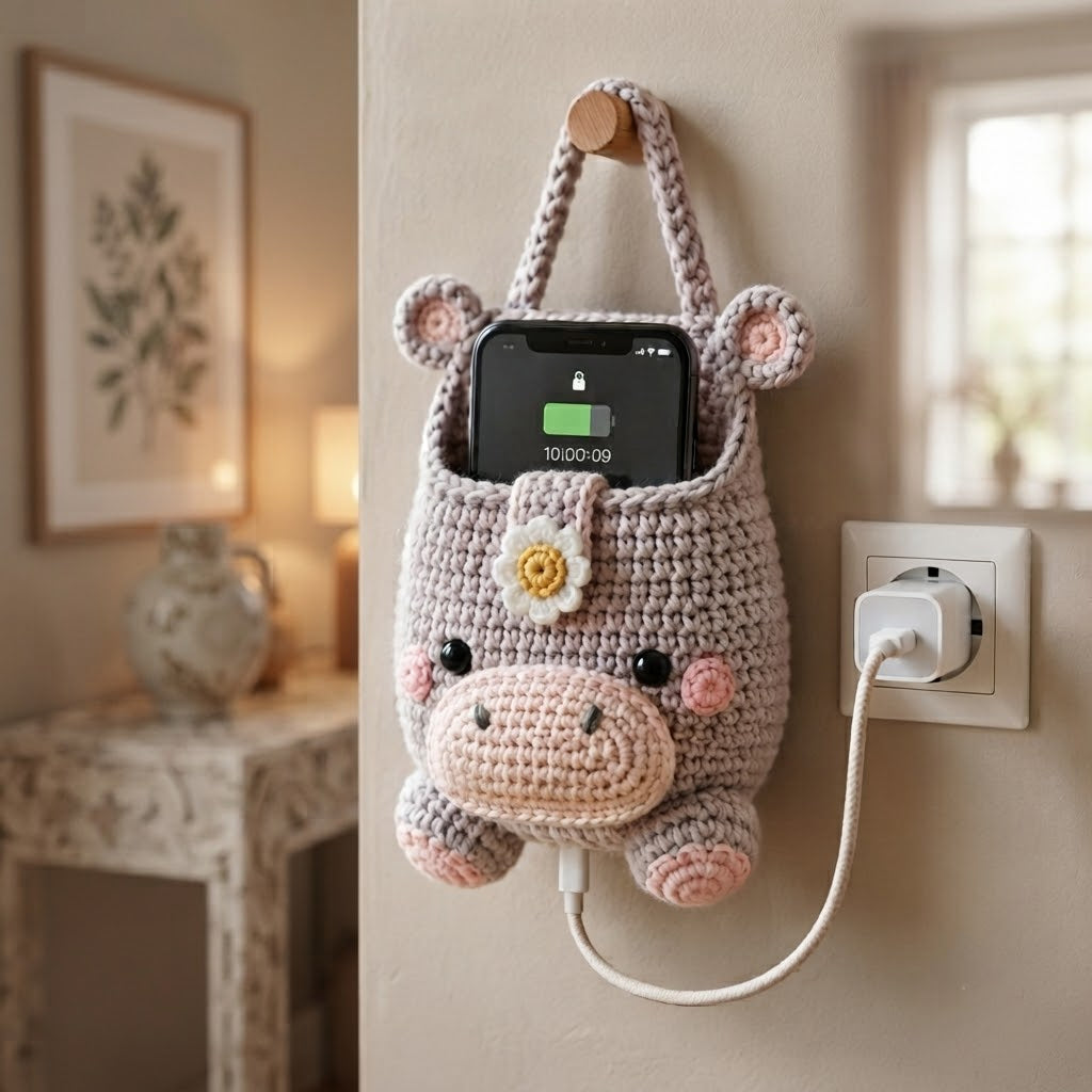 Handmade Crochet Hippo Hanging Phone Holder