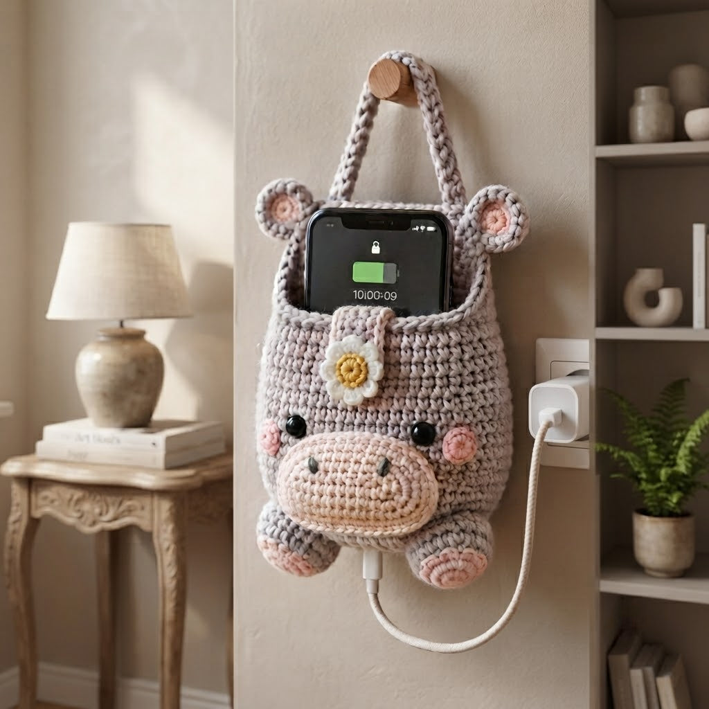 Handmade Crochet Hippo Hanging Phone Holder