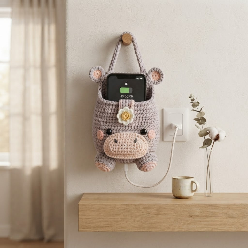 Handmade Crochet Hippo Hanging Phone Holder