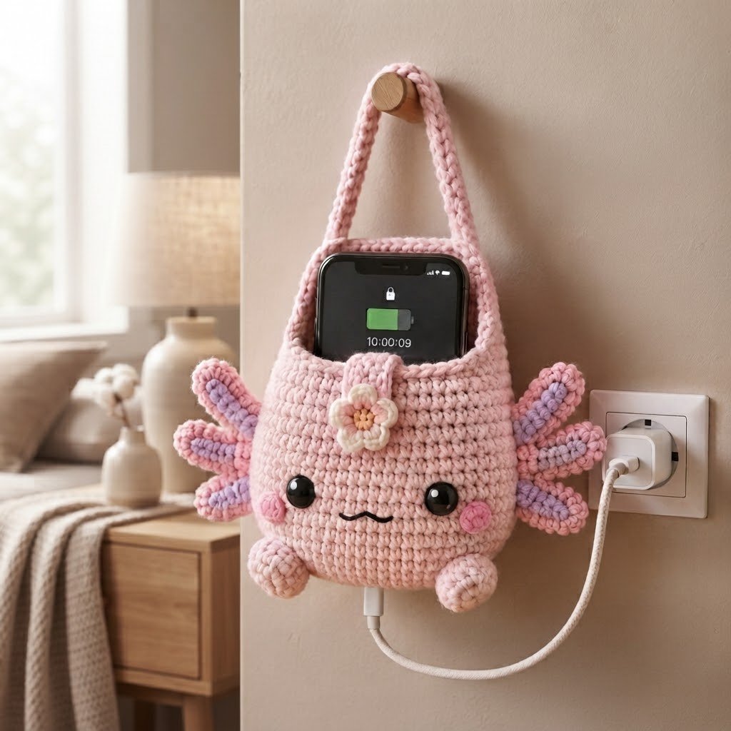 Handmade Crochet Pink Axolotl Hanging Phone Holder