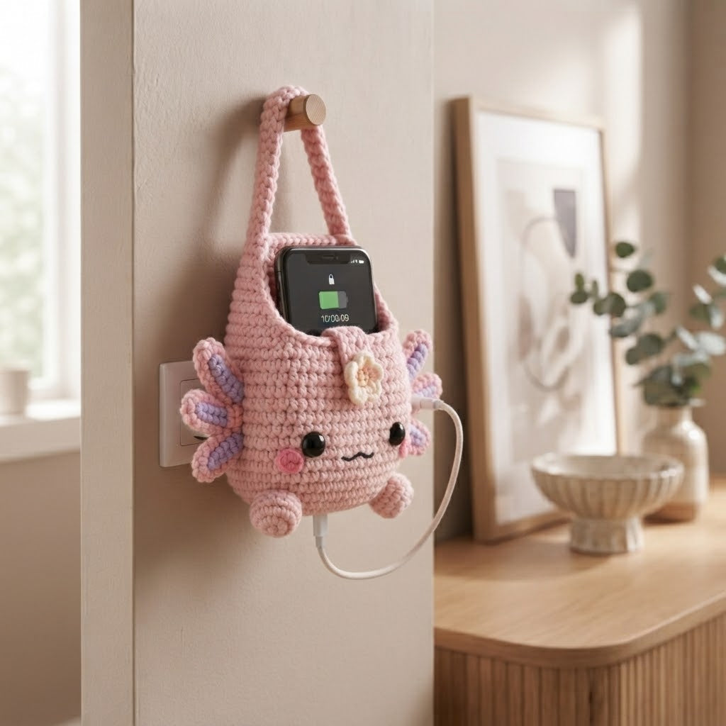 Handmade Crochet Pink Axolotl Hanging Phone Holder