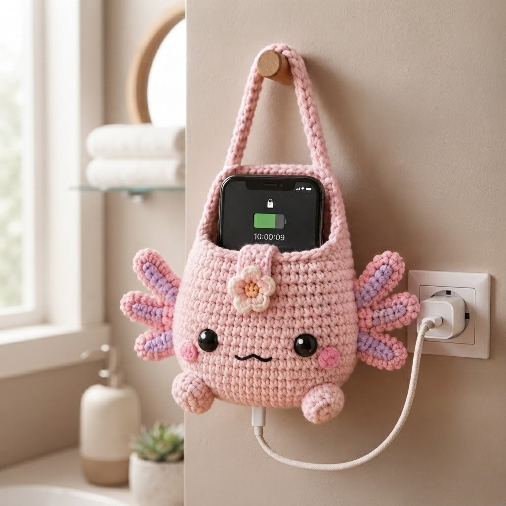 Handmade Crochet Pink Axolotl Hanging Phone Holder