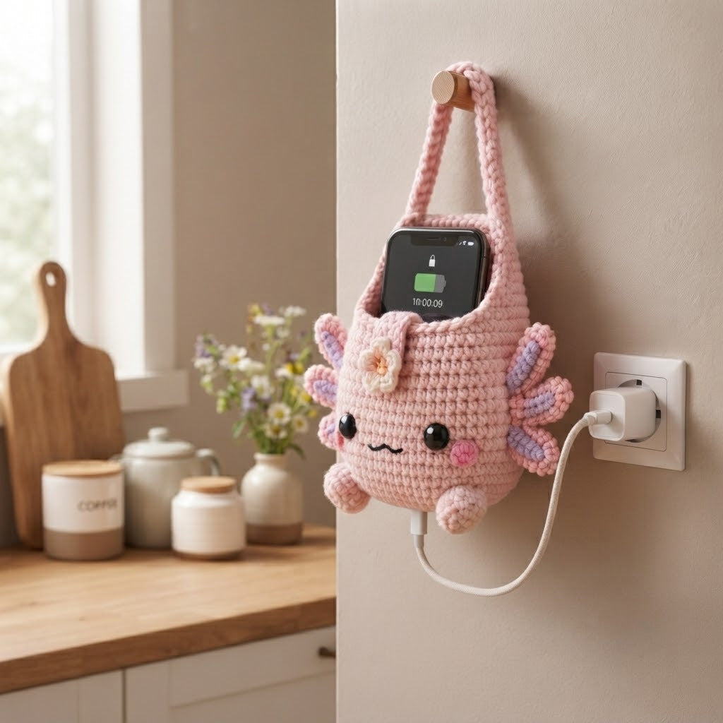 Handmade Crochet Pink Axolotl Hanging Phone Holder