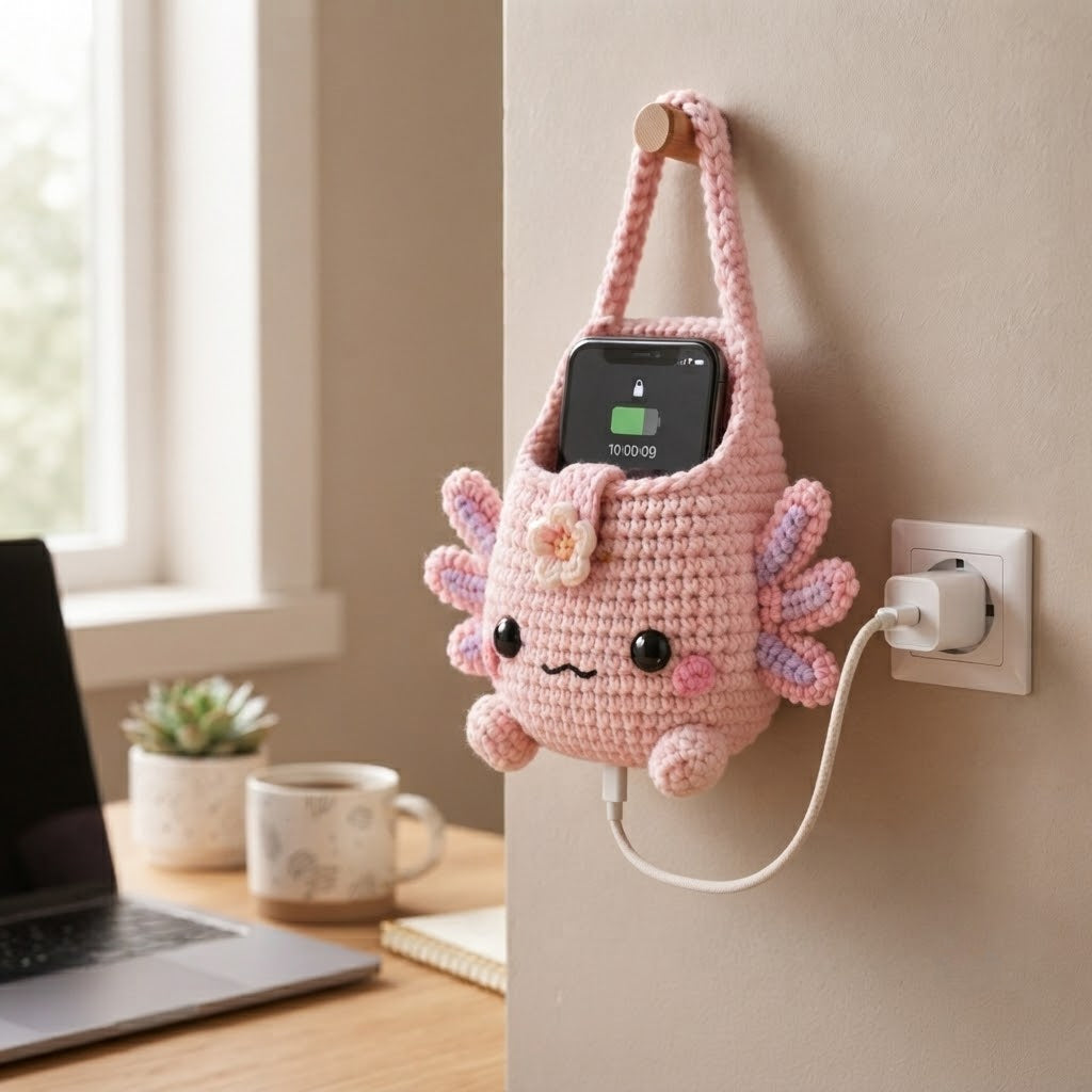 Handmade Crochet Pink Axolotl Hanging Phone Holder