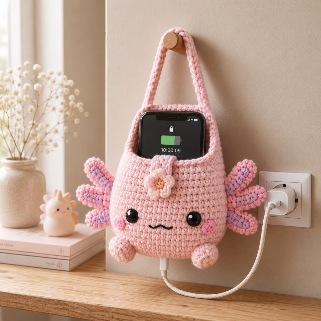 Handmade Crochet Pink Axolotl Hanging Phone Holder