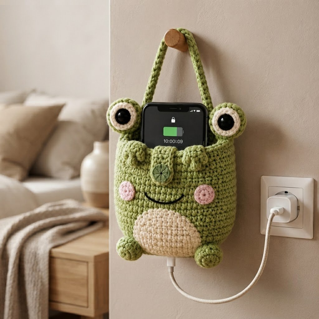 Handmade Crochet Green Frog Hanging Phone Holder