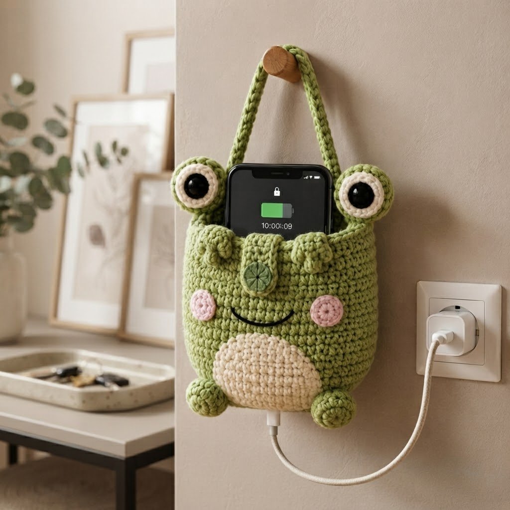 Handmade Crochet Green Frog Hanging Phone Holder