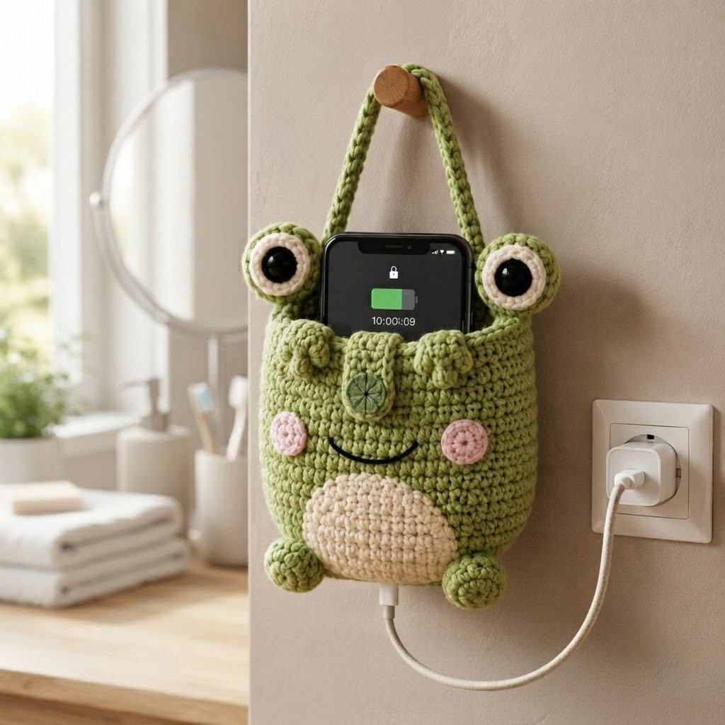 Handmade Crochet Green Frog Hanging Phone Holder