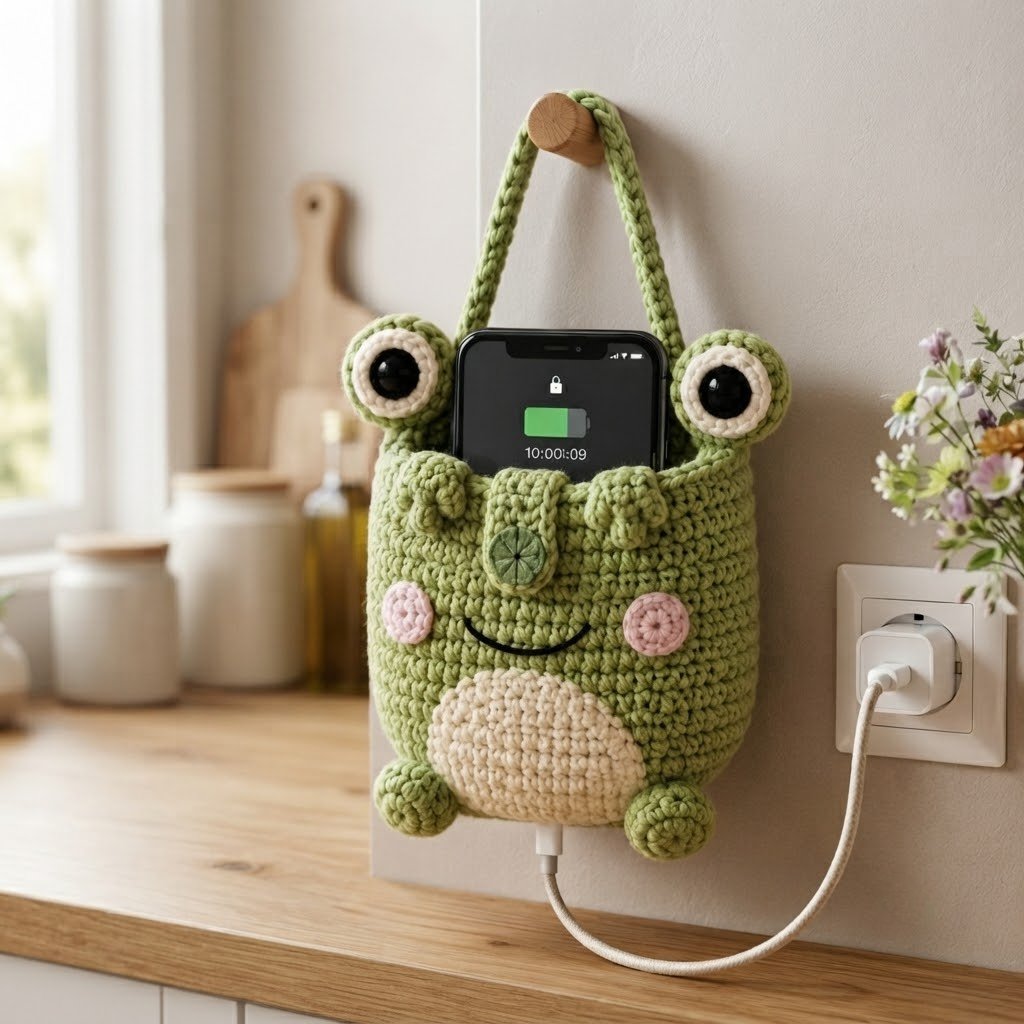 Handmade Crochet Green Frog Hanging Phone Holder