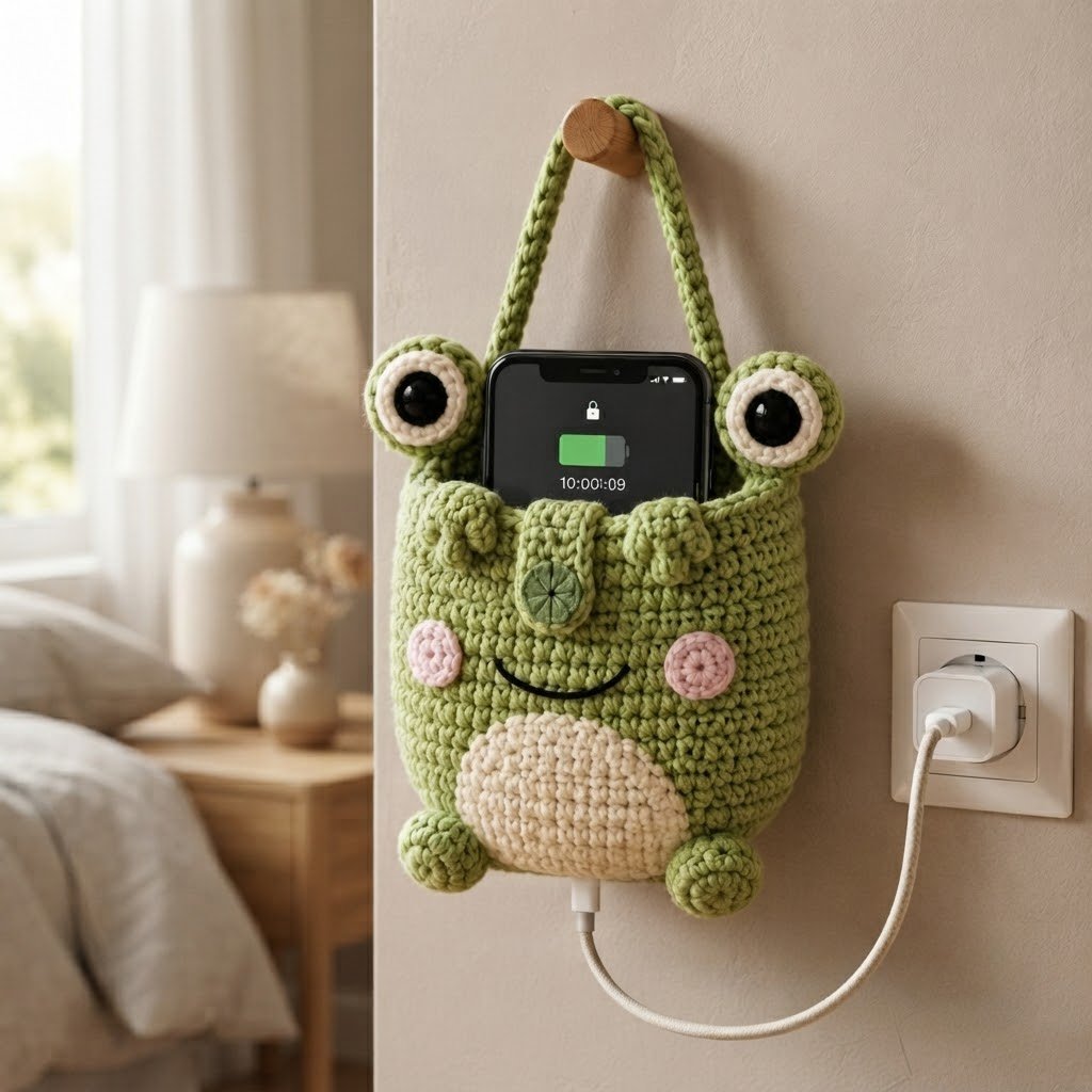 Handmade Crochet Green Frog Hanging Phone Holder