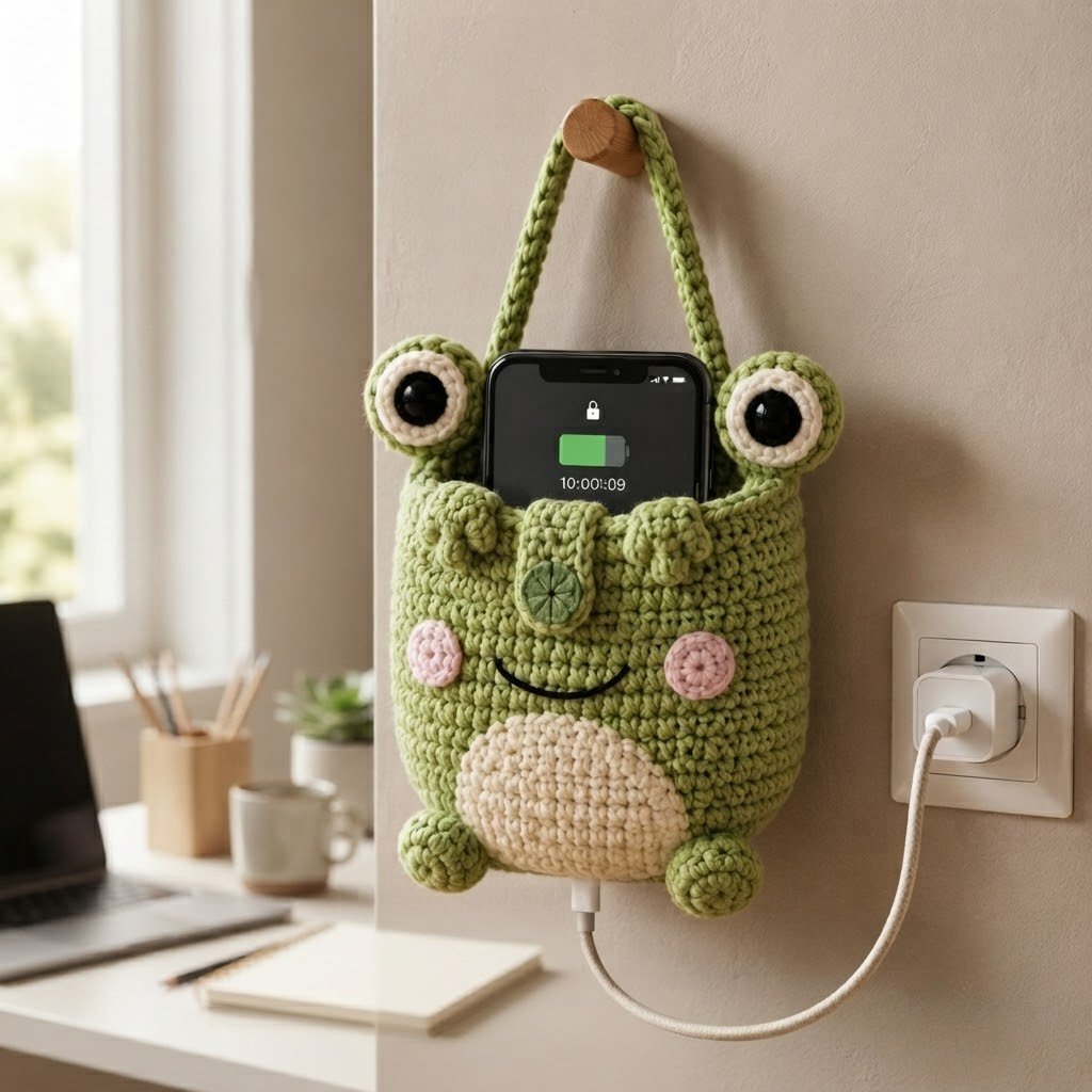 Handmade Crochet Green Frog Hanging Phone Holder