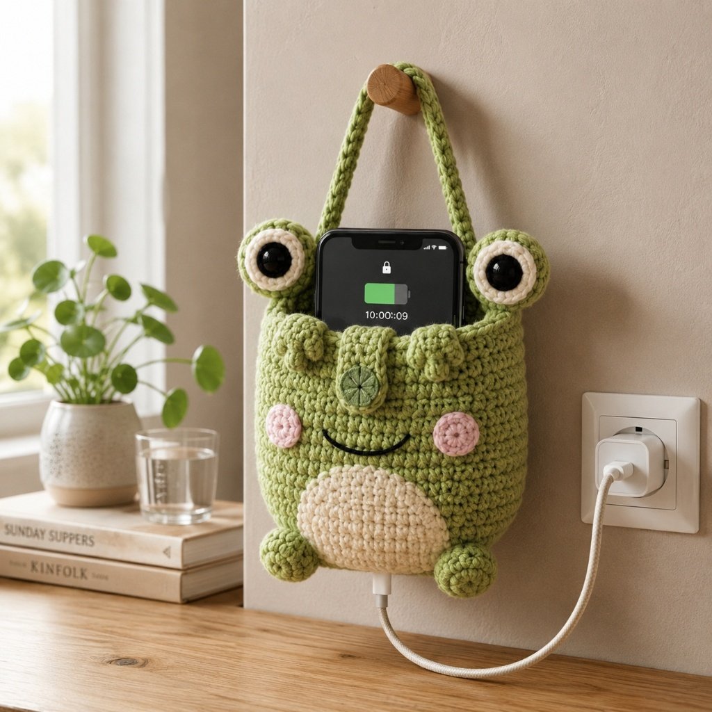 Handmade Crochet Green Frog Hanging Phone Holder