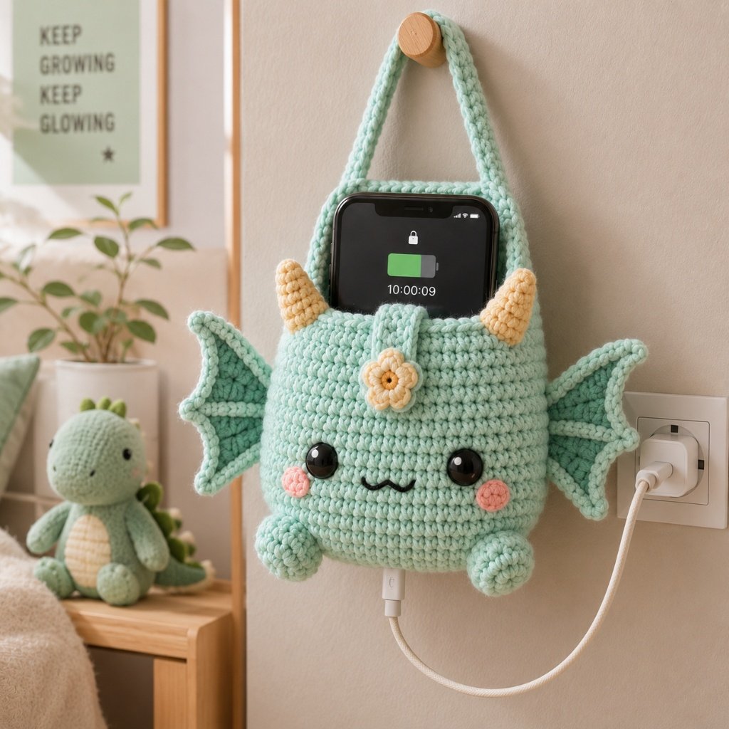 Handmade Crochet Green Dragon Hanging Phone Holder