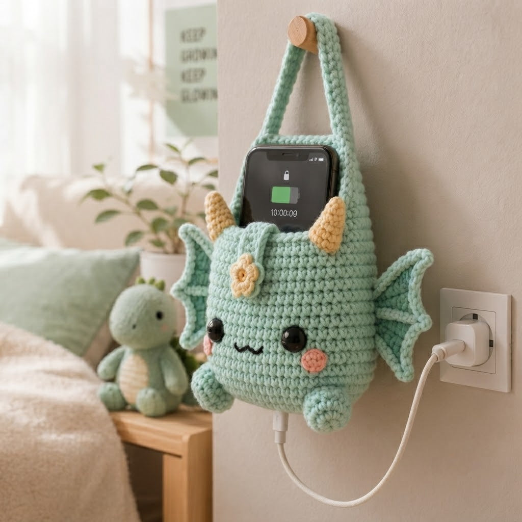 Handmade Crochet Green Dragon Hanging Phone Holder