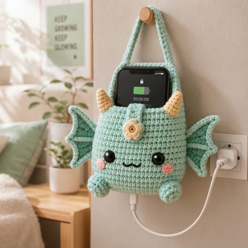 Handmade Crochet Green Dragon Hanging Phone Holder