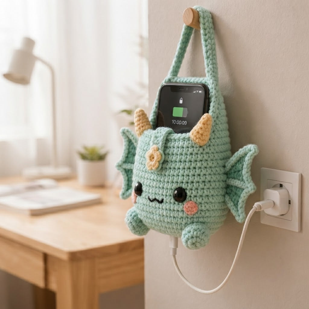 Handmade Crochet Green Dragon Hanging Phone Holder