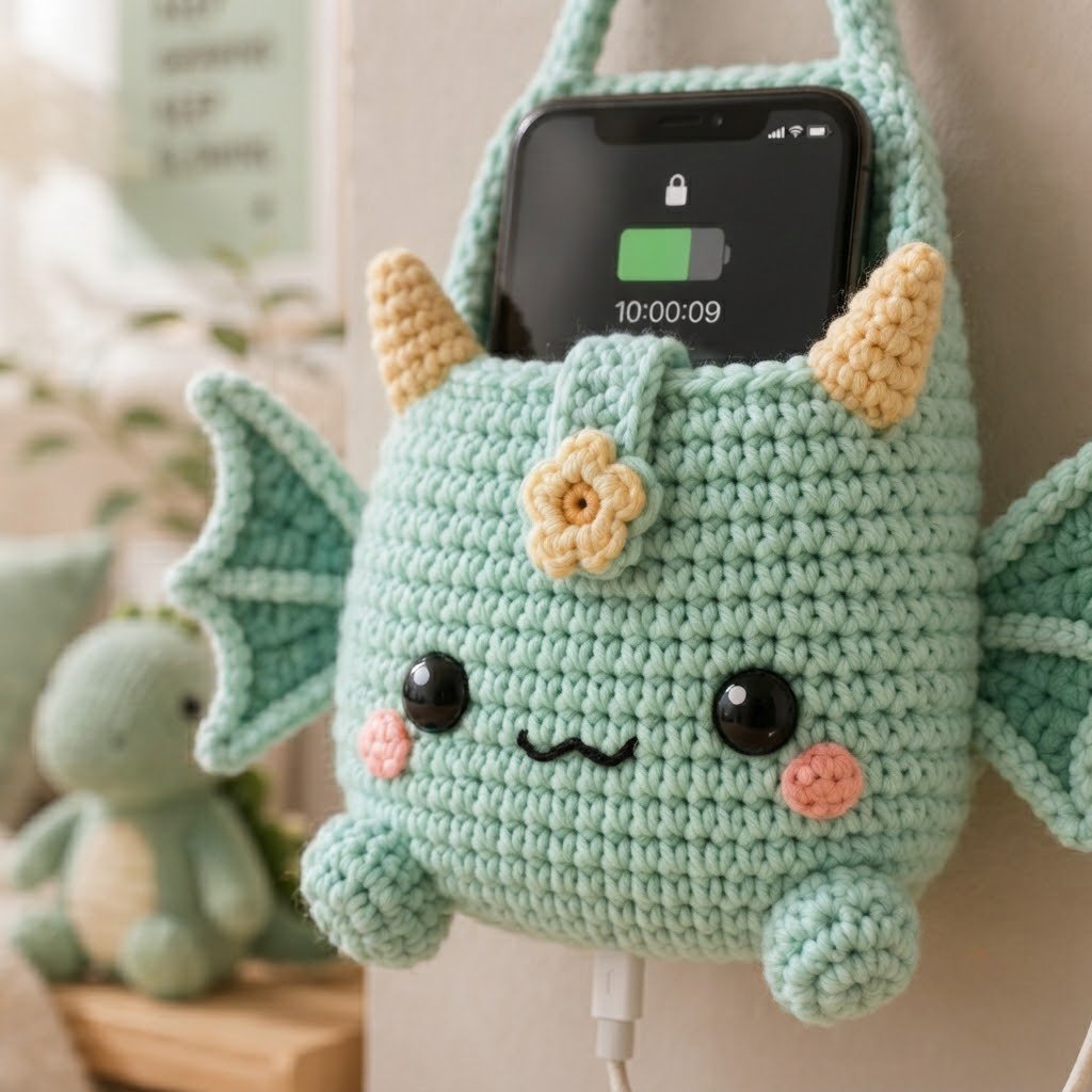 Handmade Crochet Green Dragon Hanging Phone Holder