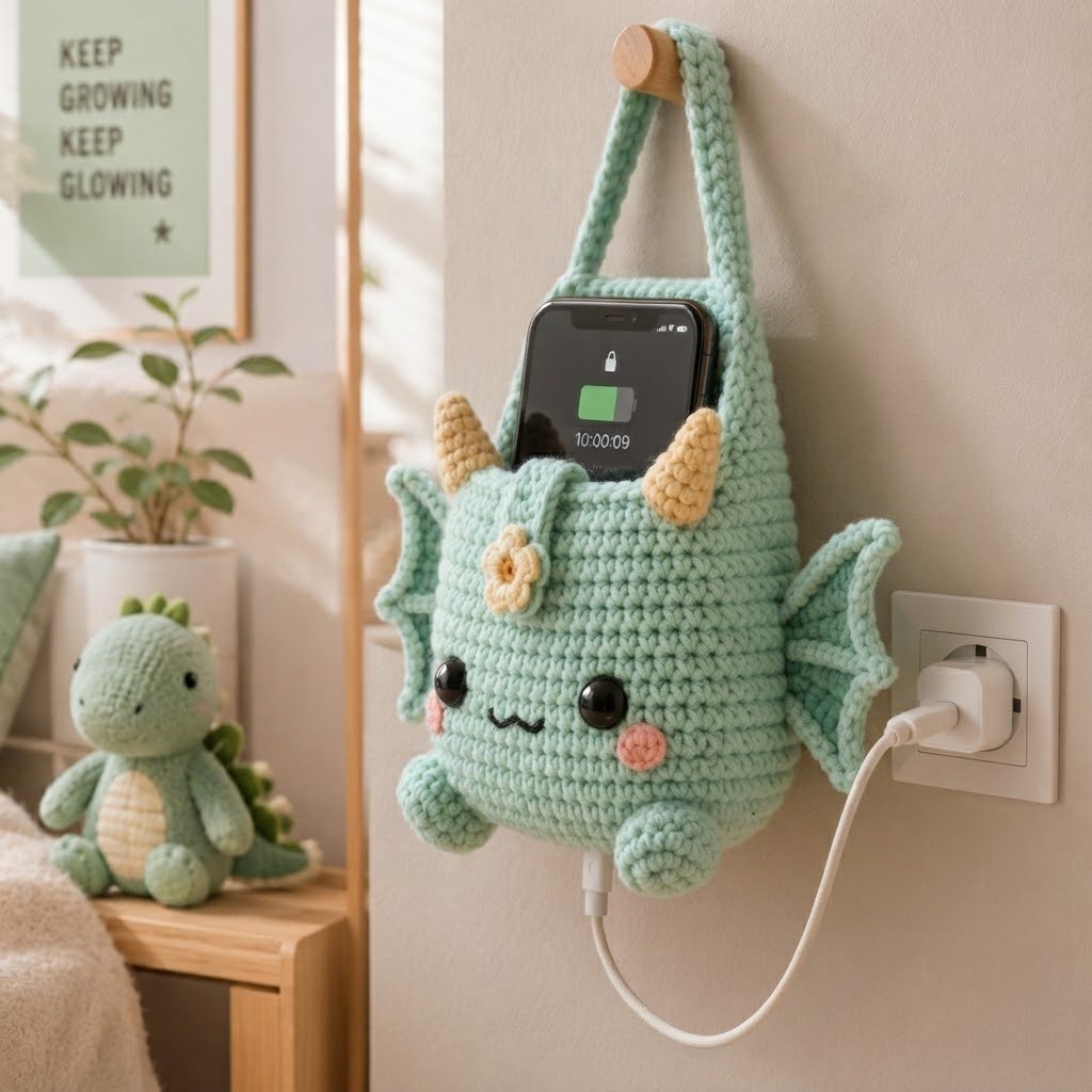 Handmade Crochet Green Dragon Hanging Phone Holder